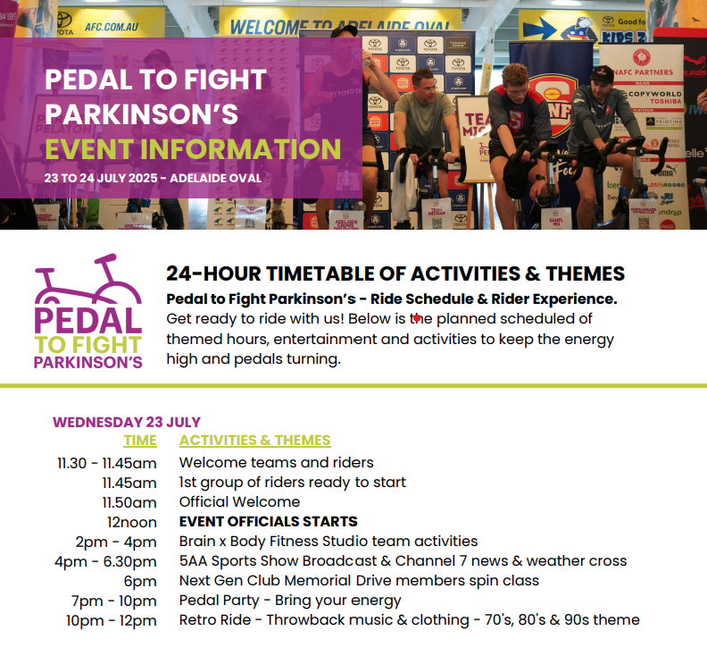 Pedal to Fight Parkinson's event Time Table
